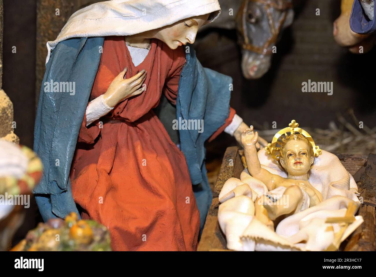 Weihnachtsbett, Maria und Baby Jesus Stockfoto