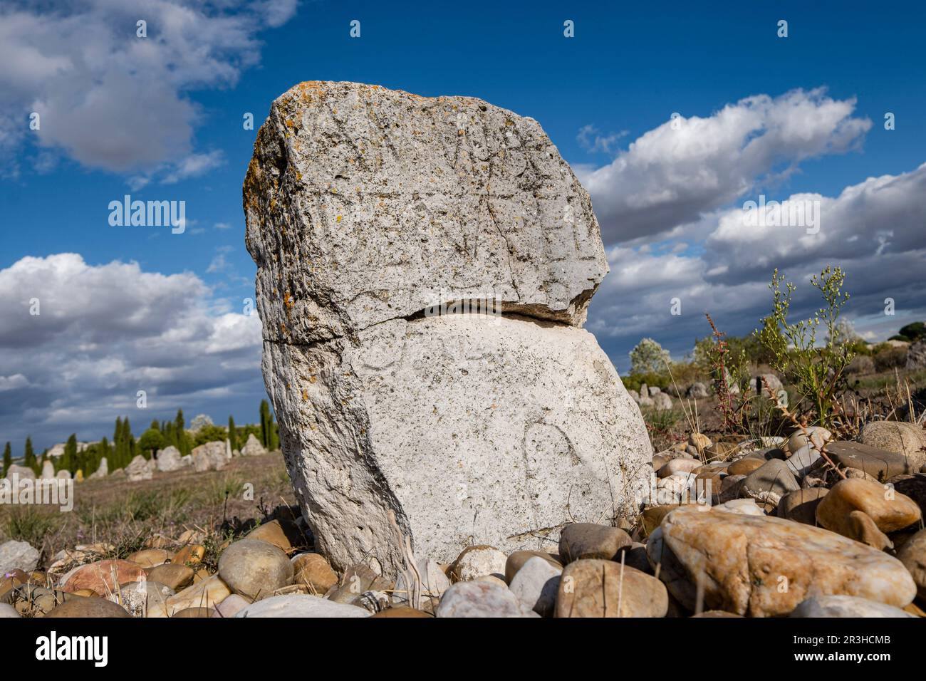 Vacceos Beerdigungsstele, Nekropole von 'Las Ruedas', antike Vaccea-Stadt Pintia, Padilla de Duero, Provinz Valladolid, Spanien. Stockfoto