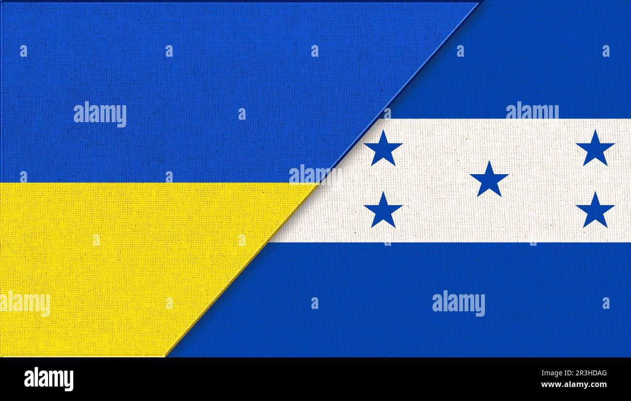 Union zweier Länder. Flagge der Ukraine und Guatemalas. Zwei Fahnen Zusammen – Stoffstruktur. National Stockfoto