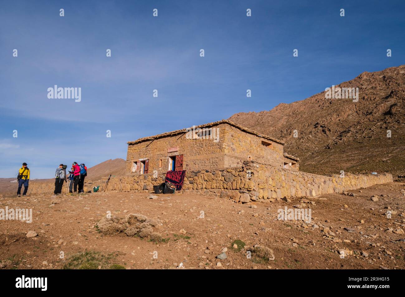 Tarkeddit Mountain Refuge, Ighil M'Goun Trek, Atlas Mountain Range, marokko, afrika. Stockfoto