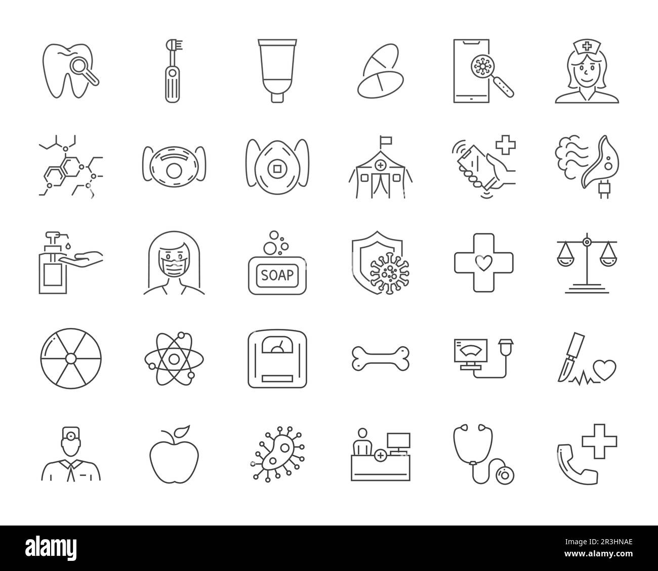 Symbole Für Medizinische Vektoren. Liniensymbole, -Zeichen und -Symbole im linearen Design. Medizin, Gesundheitswesen und Coronavirus COVID-19 Pandemie. Mobile Konzepte und Stock Vektor