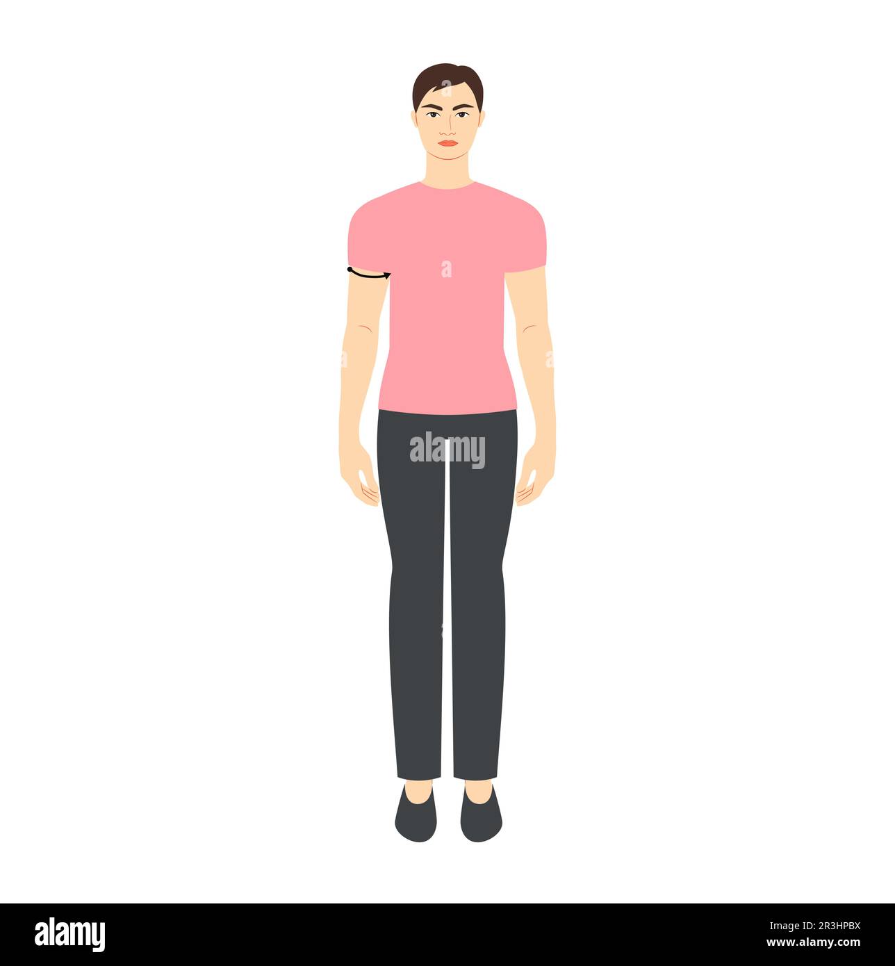 Männer für Bizepsmessungen Körper mit Pfeilen Mode Illustration für Größentabelle. Flache männliche Figur vorne 8-köpfiger Junge in pinkfarbenem Hemd. Infografik-Vorlage für Kleidung für Herren Stock Vektor