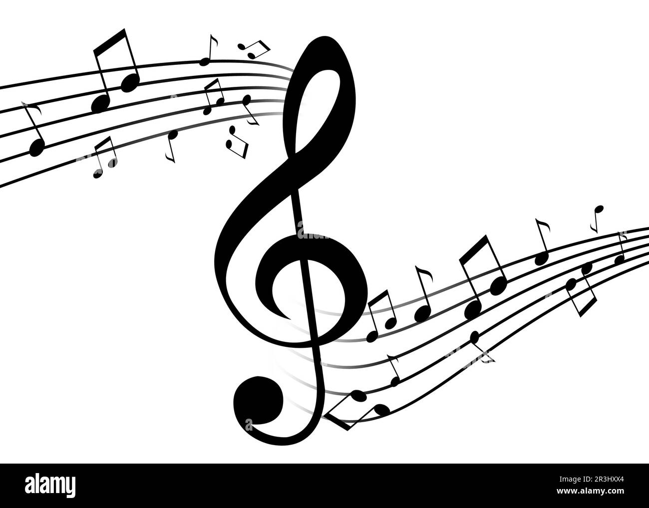 Höhen und Strähnchen mit musikalischen Noten auf weißem Hintergrund Stockfoto