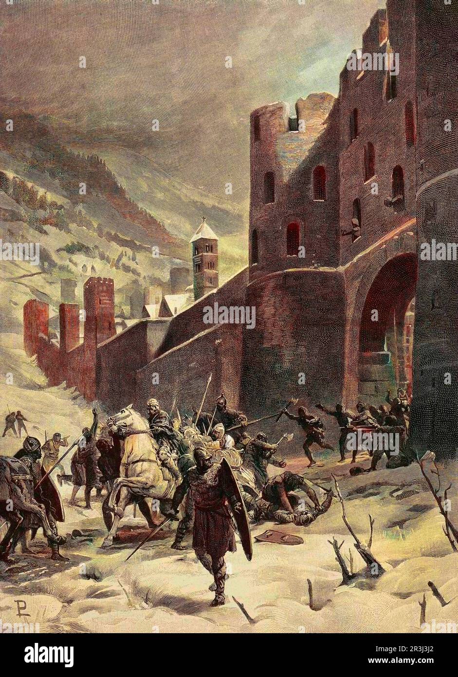 Fuite de Frédéric Barberousse de SUSE (Suze) en 1168 - Frederick Barbarossas Flucht aus Susa, 1168 Stockfoto