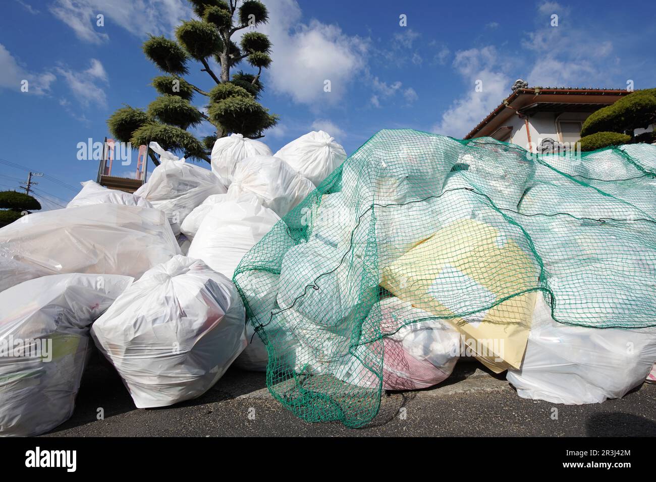 Sortierte Müllsäcke oder Abfallbeutel. Ausgewiesener Ort für die Müllentsorgung Stockfoto