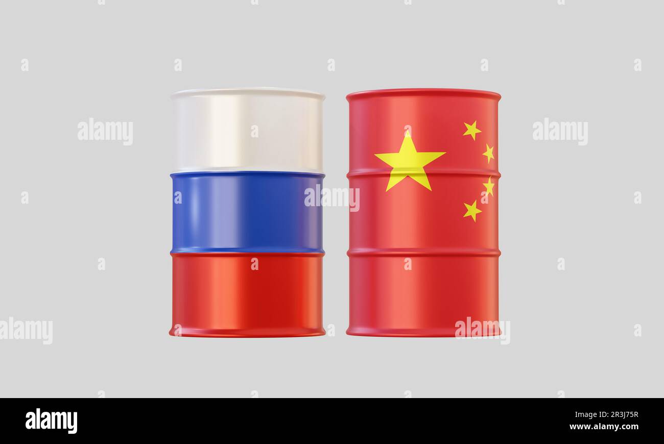 Ölfass als Flaggen für Energie und politisches Konzept Stockfoto