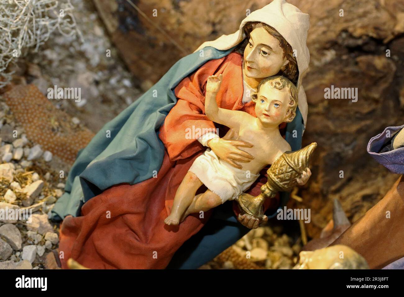 Weihnachtsbett, Maria und Baby Jesus Stockfoto