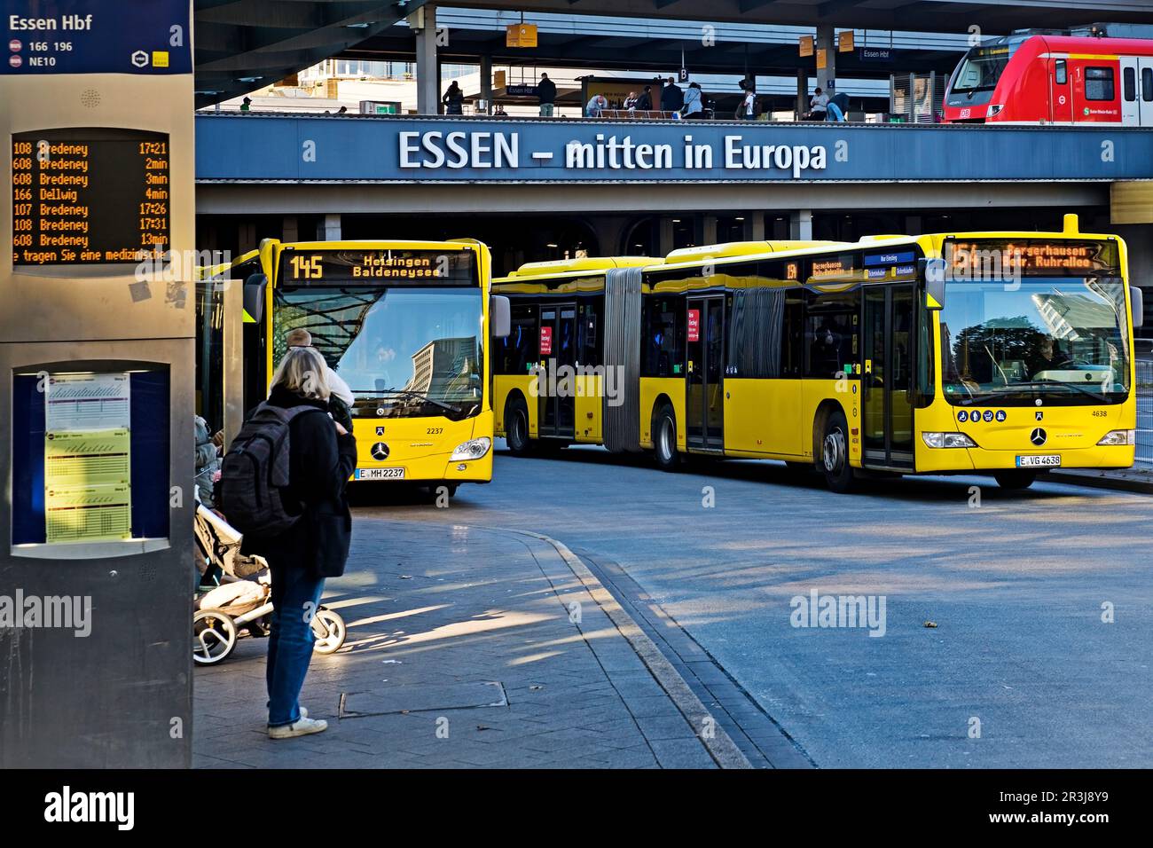 Busse der Essener Verkehrsbetriebe am Hauptbahnhof, Essen, Ruhrgebiet, Deutschland, Europa Stockfoto