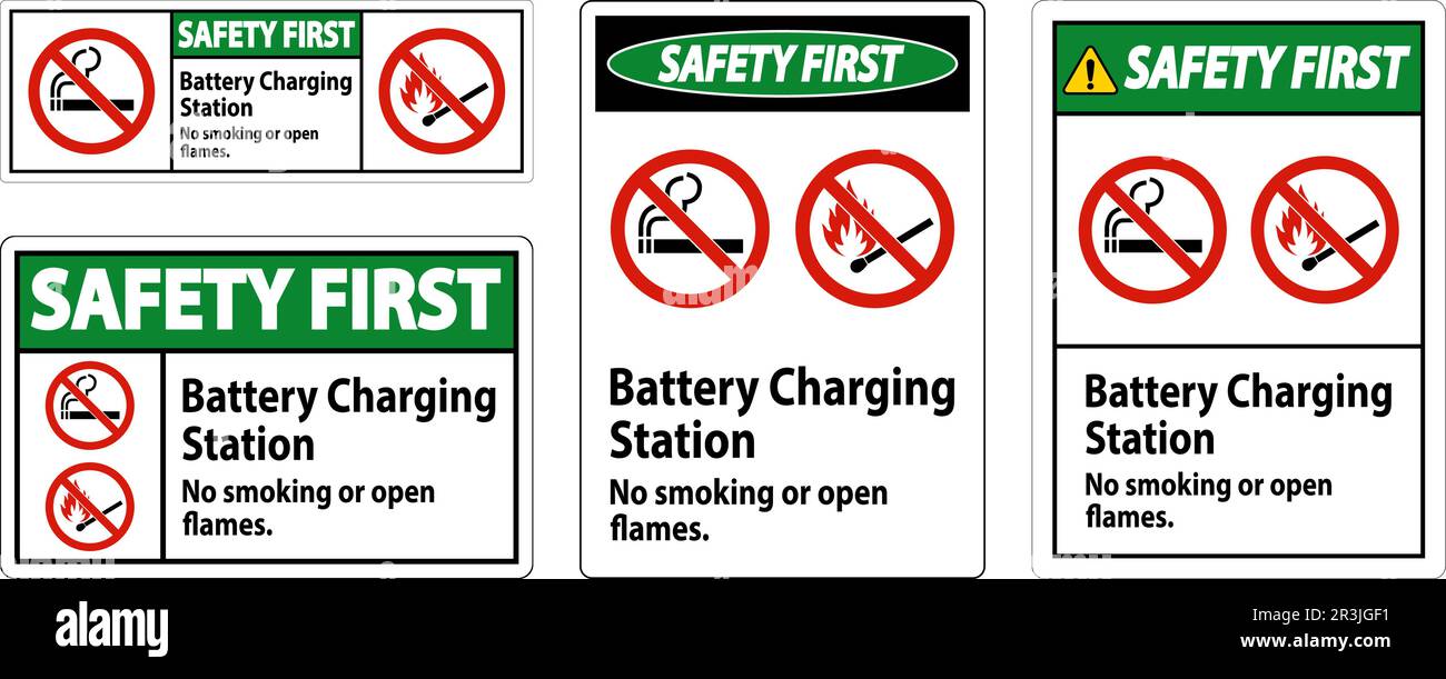 Schild „Safety First“ Für Batterieladestation, Rauchverbot Oder Offenes Feuer Stock Vektor