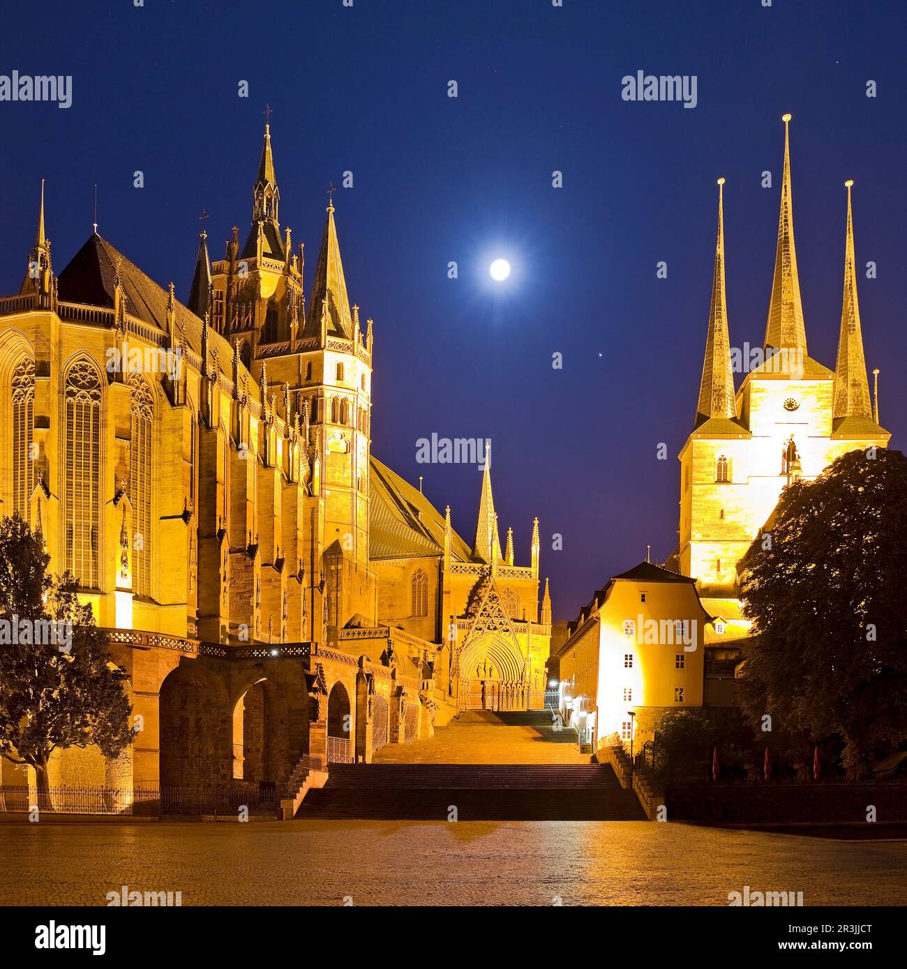 Erfurter Kathedrale und Severikirche mit Vollmond, Domplatz, Erfurt, Thüringen, Deutschland, Europa Stockfoto