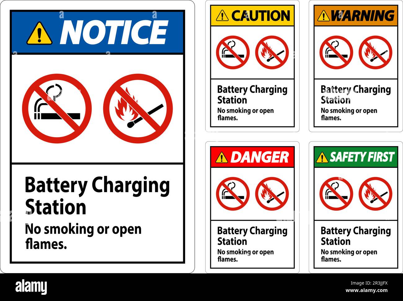 Warnschild Batterieladestation, Rauchen Verboten Oder Offenes Feuer Stock Vektor