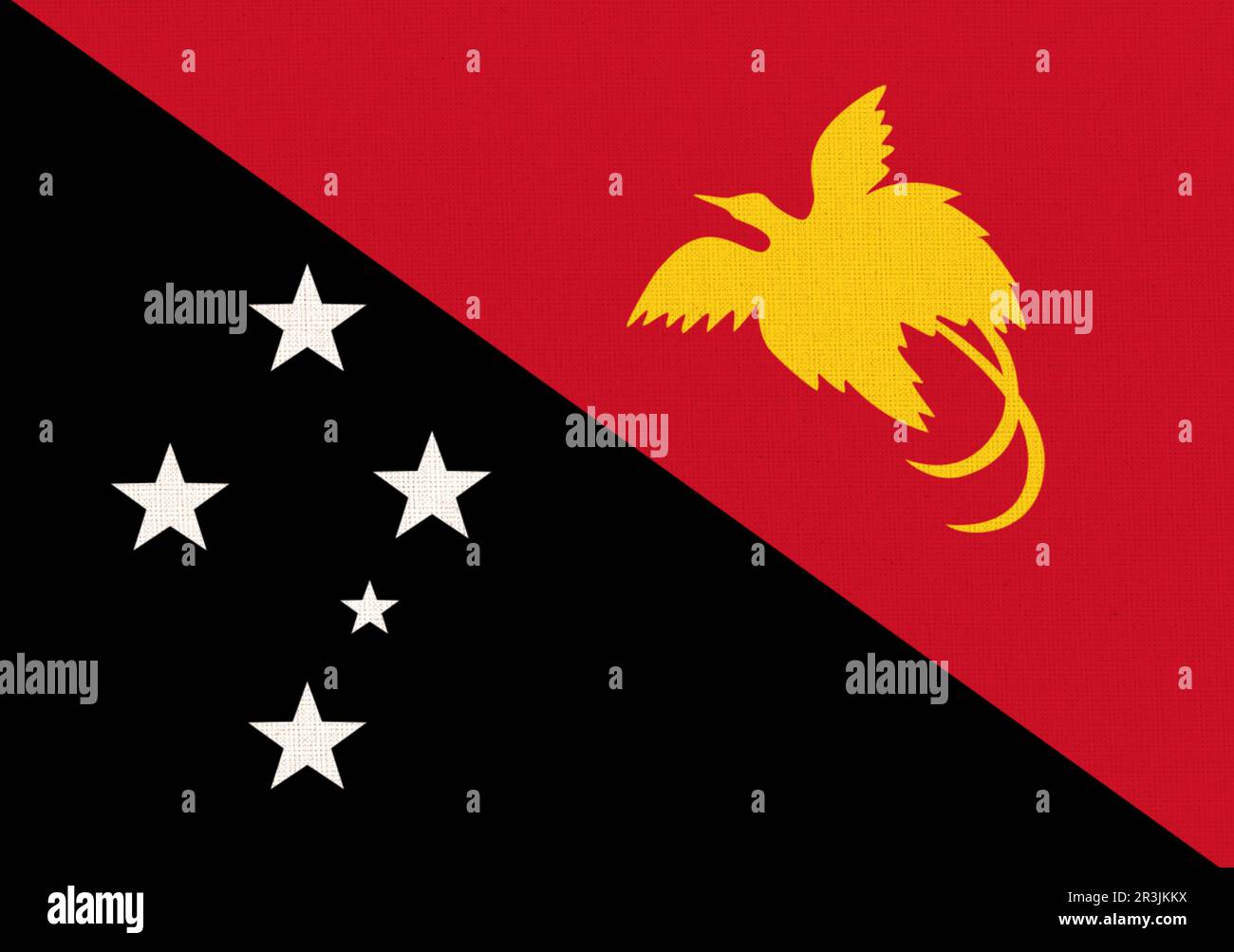 Flagge von Papua-Neuguinea. Fahne auf der Gewebeoberfläche. Stoffstruktur. Nationales Symbol von Papua New Guine Stockfoto