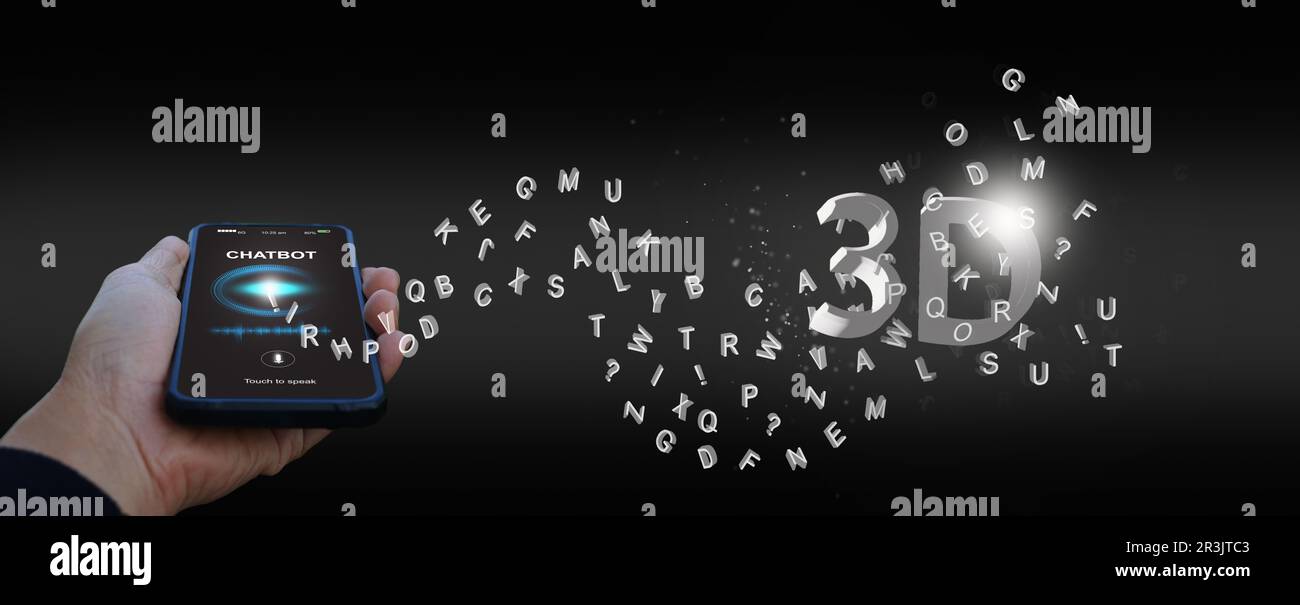 Text-zu-3D-Modellkonzept, Text-zu-3D durch generative künstliche Intelligenz. Sprachmodelltechnologie. Die Hand eines Mannes, der die KI-Technologie nutzt, um sich zu drehen Stockfoto