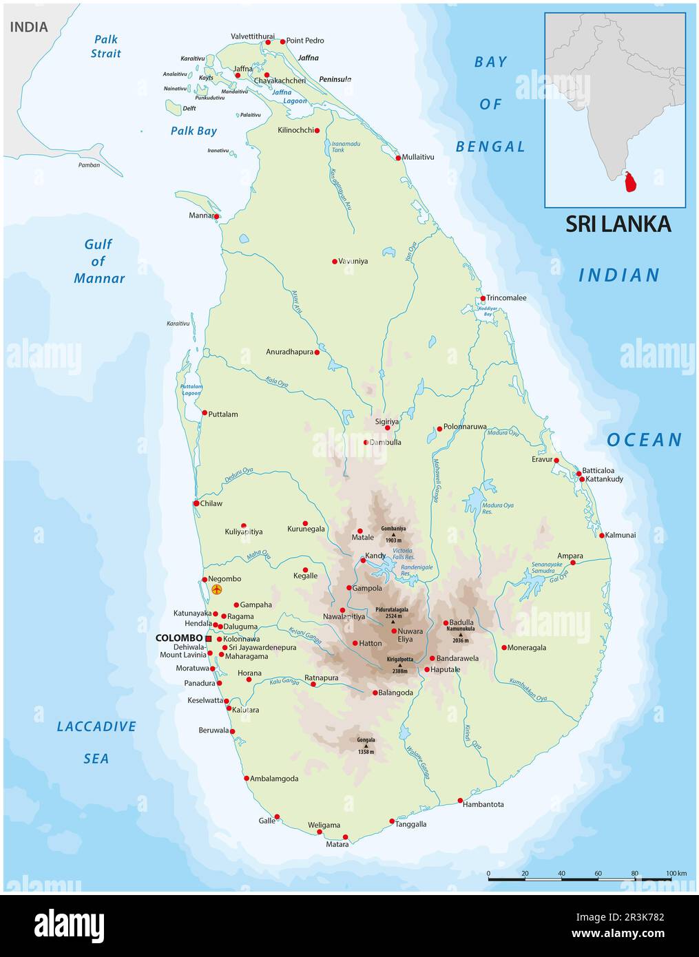 Vektorfarbkarte des Landes Sri Lanka mit wichtigen Städten Stockfoto