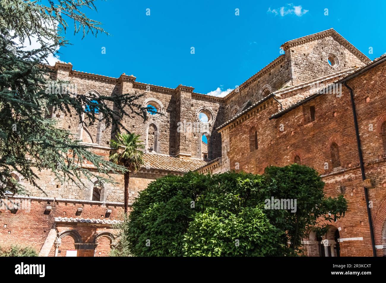 Ruinen einer alten, dachlosen Abtei in der Toskana. San Galgano Stockfoto