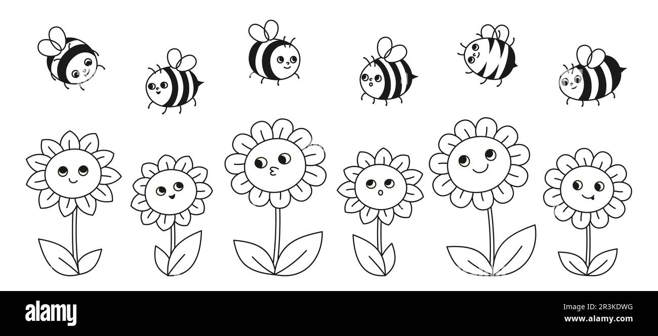 Süßes Cartoon-Set mit Bienenhonig und Blumen. Comics Kinder Honigbienen Insektenfiguren mit lustigen Gesichtern. Süße, handgezeichnete Sommer-Comic-Smiley-Streifen Bienen Retro-Design Vektordarstellung Stock Vektor