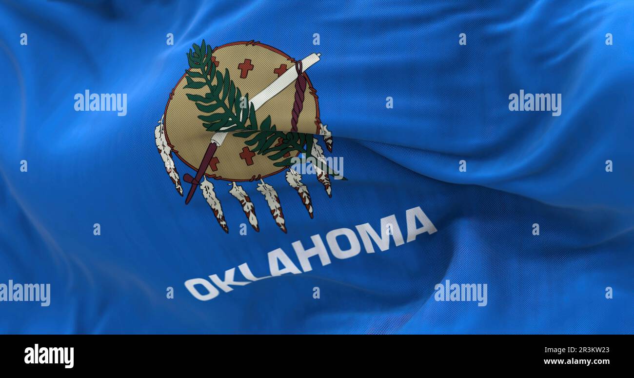 Nahaufnahme der Oklahoma Staatsflagge, die winkt. Stockfoto