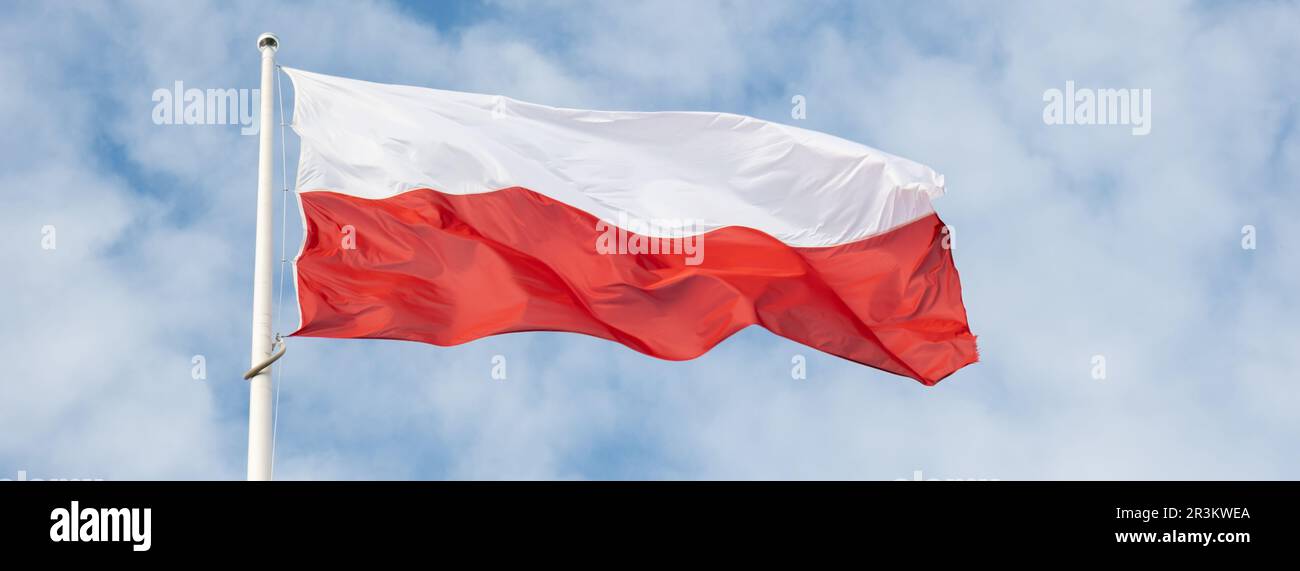 Die Flagge Polens winkt vor dem wunderschönen blauen Himmel. Polnische Flagge Weiß und Rot flattern am blauen Himmel. Nationalflagge von Polan Stockfoto