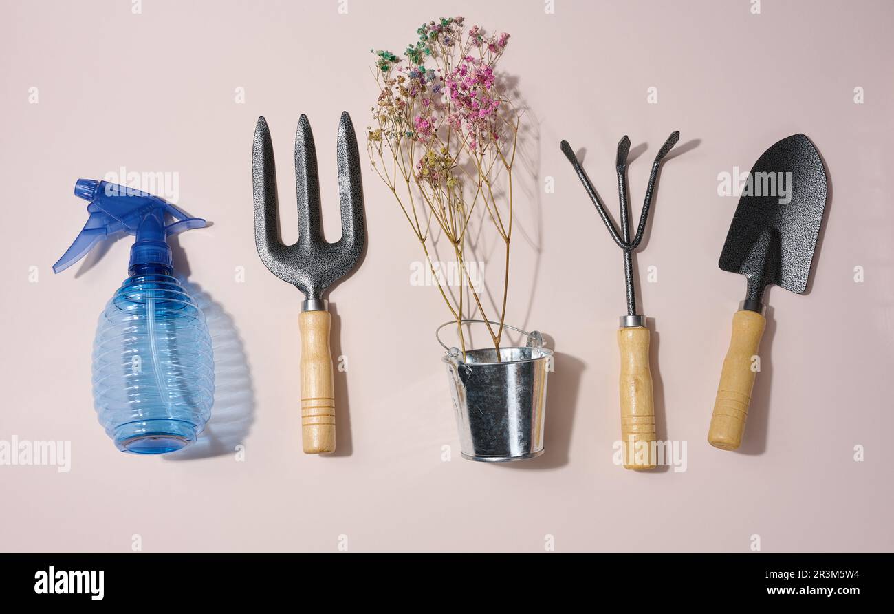 Gartenwerkzeuge, Schaufel, Rechen und Gabel auf beigefarbenem Hintergrund, Draufsicht. Stockfoto