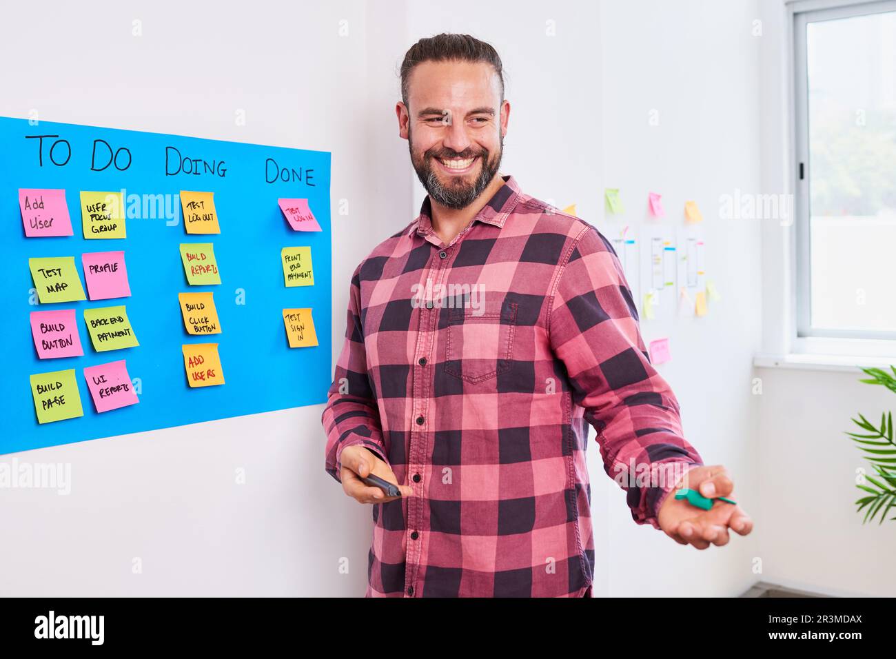 Ein weißer Mann mit Pferdeschwanz schreibt für die Sprintplanung auf ein Scrumboard, Produktbesitzer Stockfoto