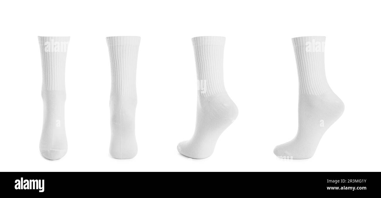 Set mit Socken auf weißem Hintergrund. Bannerdesign Stockfoto