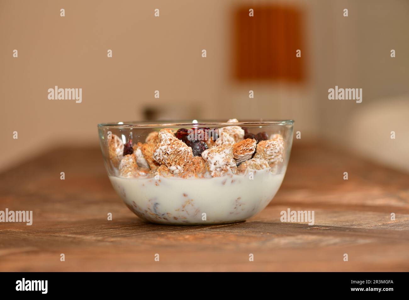 Frühstückszerealien mit getrockneten Cranberries in einer Glasschüssel. Stockfoto