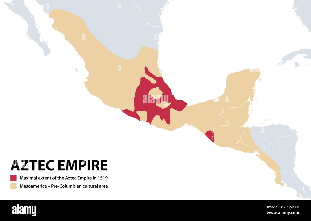 Aztekenreich, Karte der Triple Alliance und Maximum Extent im Jahr 1519, vor der Ankunft Spaniens (rot). Mesoamerica (Beige) Stockfoto