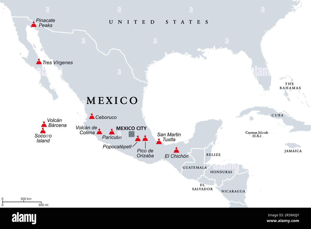 Transmexikanischer Vulkangürtel, Karte mit den wichtigsten aktiven Vulkanen Mexikos. Auch bekannt als Transvulkanischer Gürtel und vor Ort als Sierra Nevada. Stockfoto