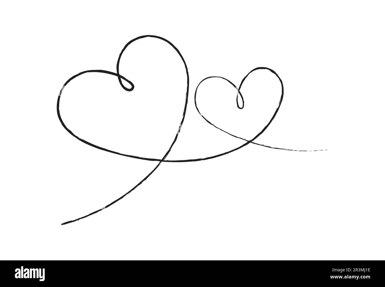 Schwarze dünne Linien zwei Liebesherzen auf weißem Hintergrund - Vektor Stockfoto