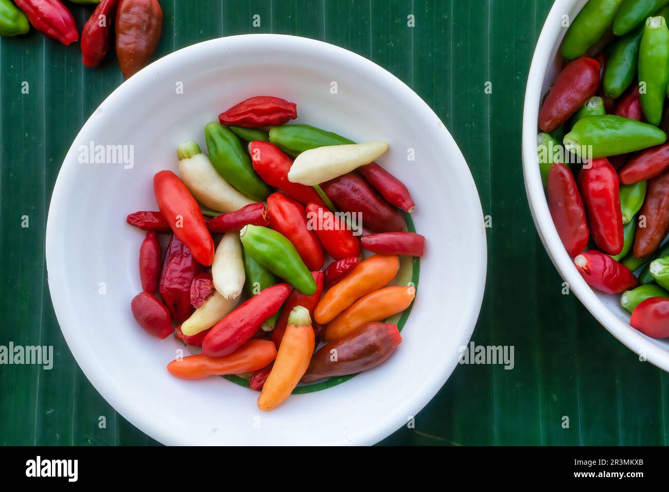 Von oben nach unten, Nahaufnahme kleiner roter, grüner, orangefarbener und cremiger weißer Chilischoten in weißen Gerichten auf grünem Bananenblatt-Hintergrund. Philippinen. Stockfoto