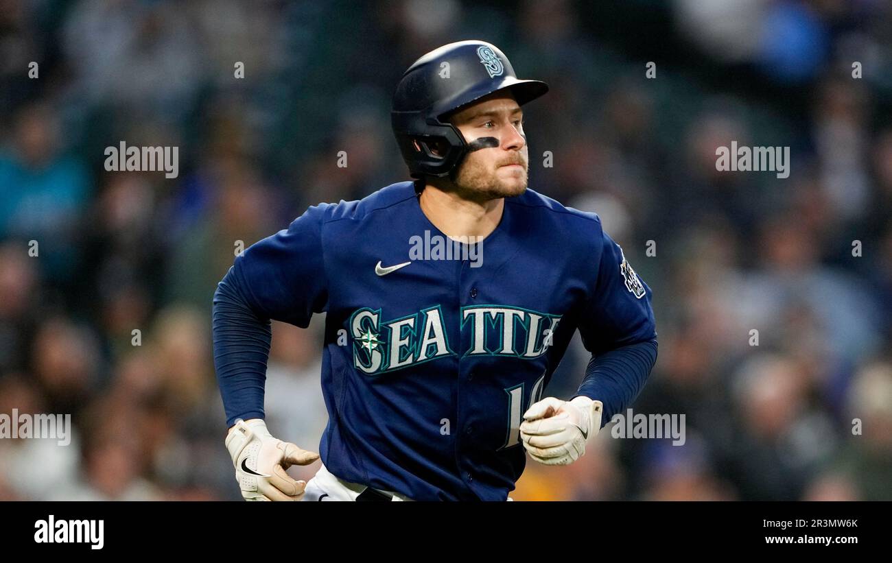 Seattle Mariners' Jarred Kelenic runs the base path against the Oakland