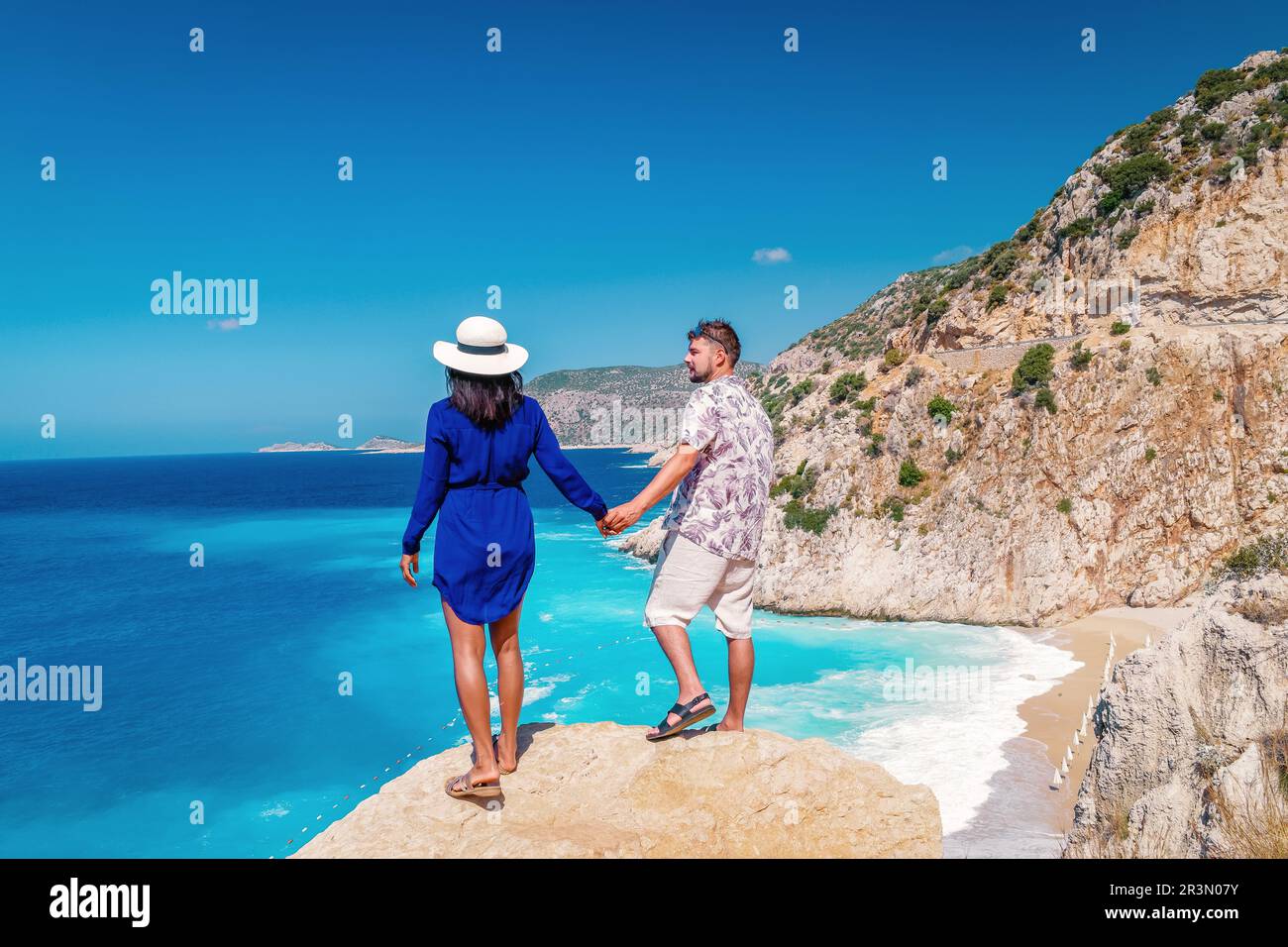 Ein Paar auf Urlaub in der Türkei, Kaputas Beach Kas turkey, das Meer von Kas Turkey rivera Stockfoto