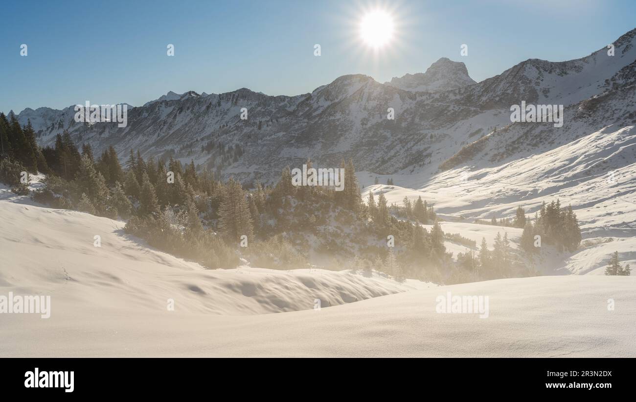 Blick auf das Kleinwalsertal im Winter mit frischem Schnee und blauem Himmel. Österreich AllgÃ¤U Alpen Stockfoto