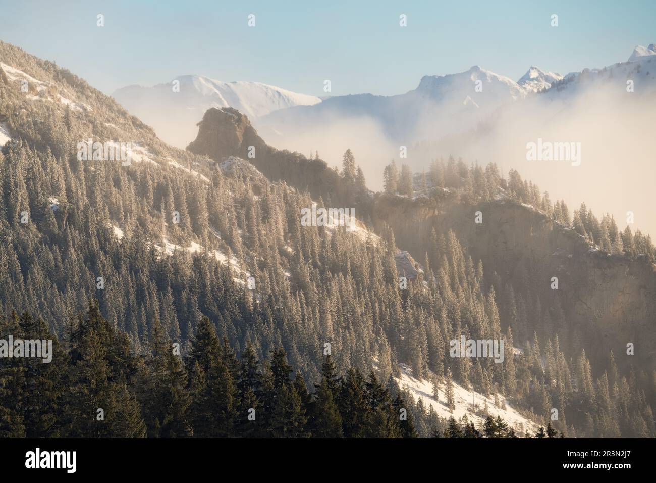 Blick auf das Kleinwalsertal im Winter mit frischem Schnee und blauem Himmel. Österreich AllgÃ¤U Alpen Stockfoto