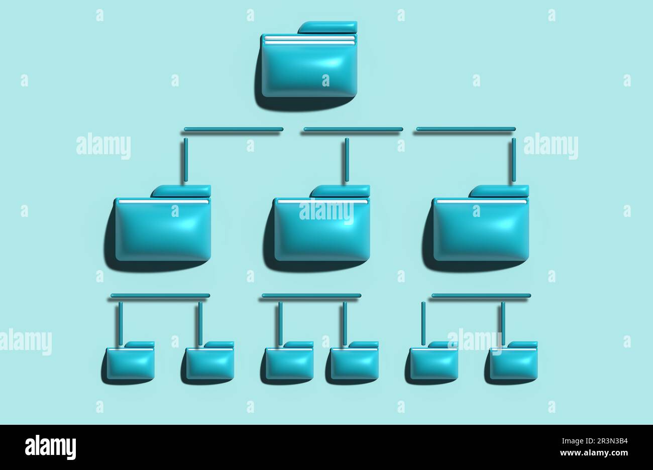 Ordnerhierarchie, Konzept der Dokumentarchivierung. Effiziente Dokumentationsstruktur, papierloser Informationsaustausch. 3D Abbildung Stockfoto