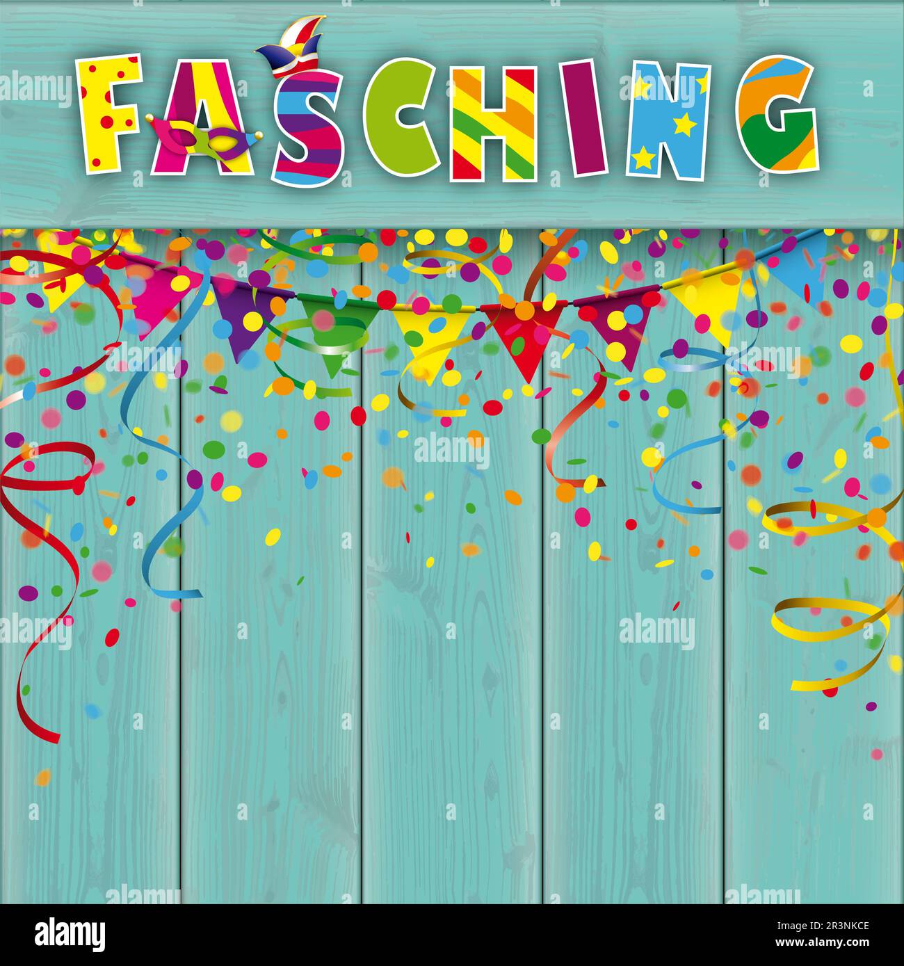 Fasching Confetti Ribbbons Cyan Wood Stockfoto