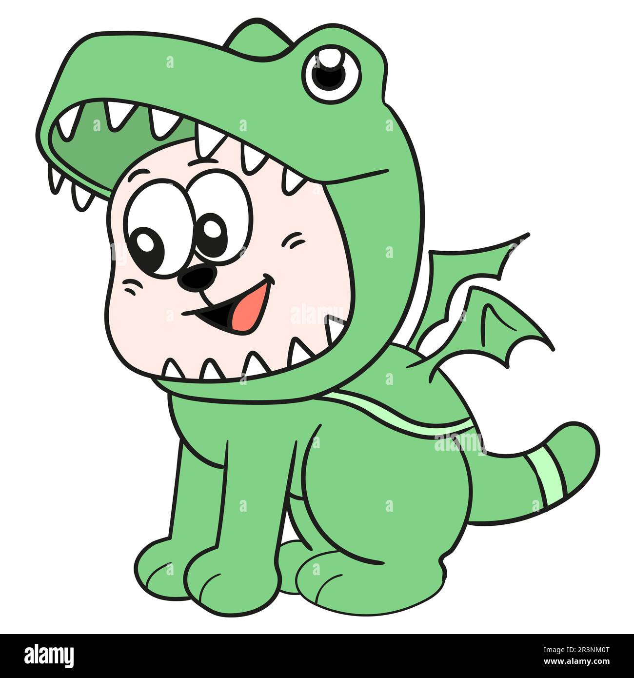 Ein kleiner Hund in einem Dinosaurierkostüm. Bild des doodle-Symbols Stockfoto