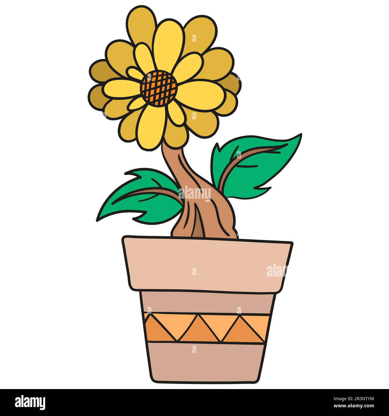 Üppige Sonnenblumen in einem Gartentopf. Bild des doodle-Symbols Stockfoto