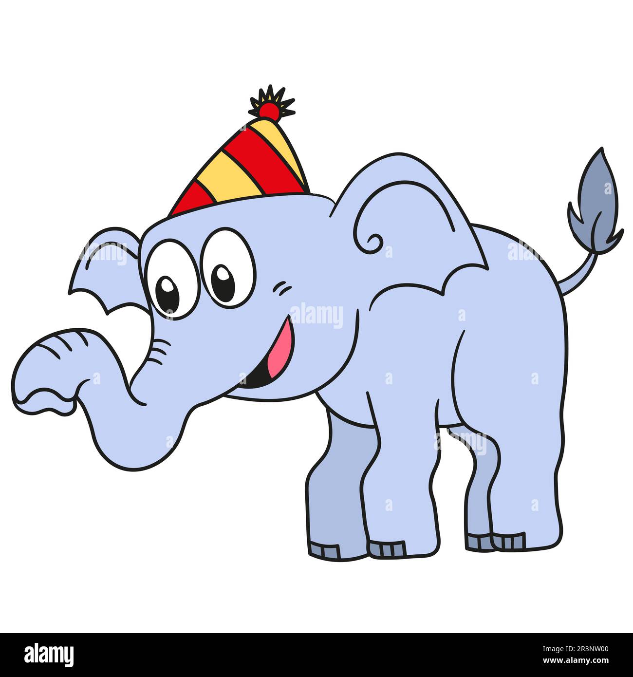 Ein Elefant feiert einen Geburtstag. Bild des doodle-Symbols Stockfoto