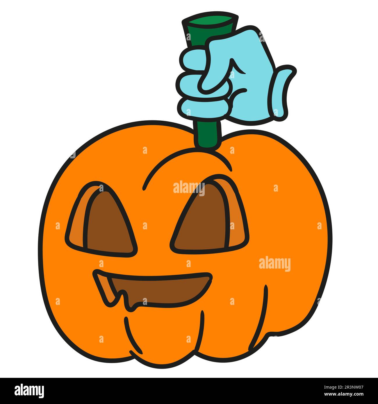 Eine Hand, die einen halloween-Kürbis hält. Bild des doodle-Symbols Stockfoto