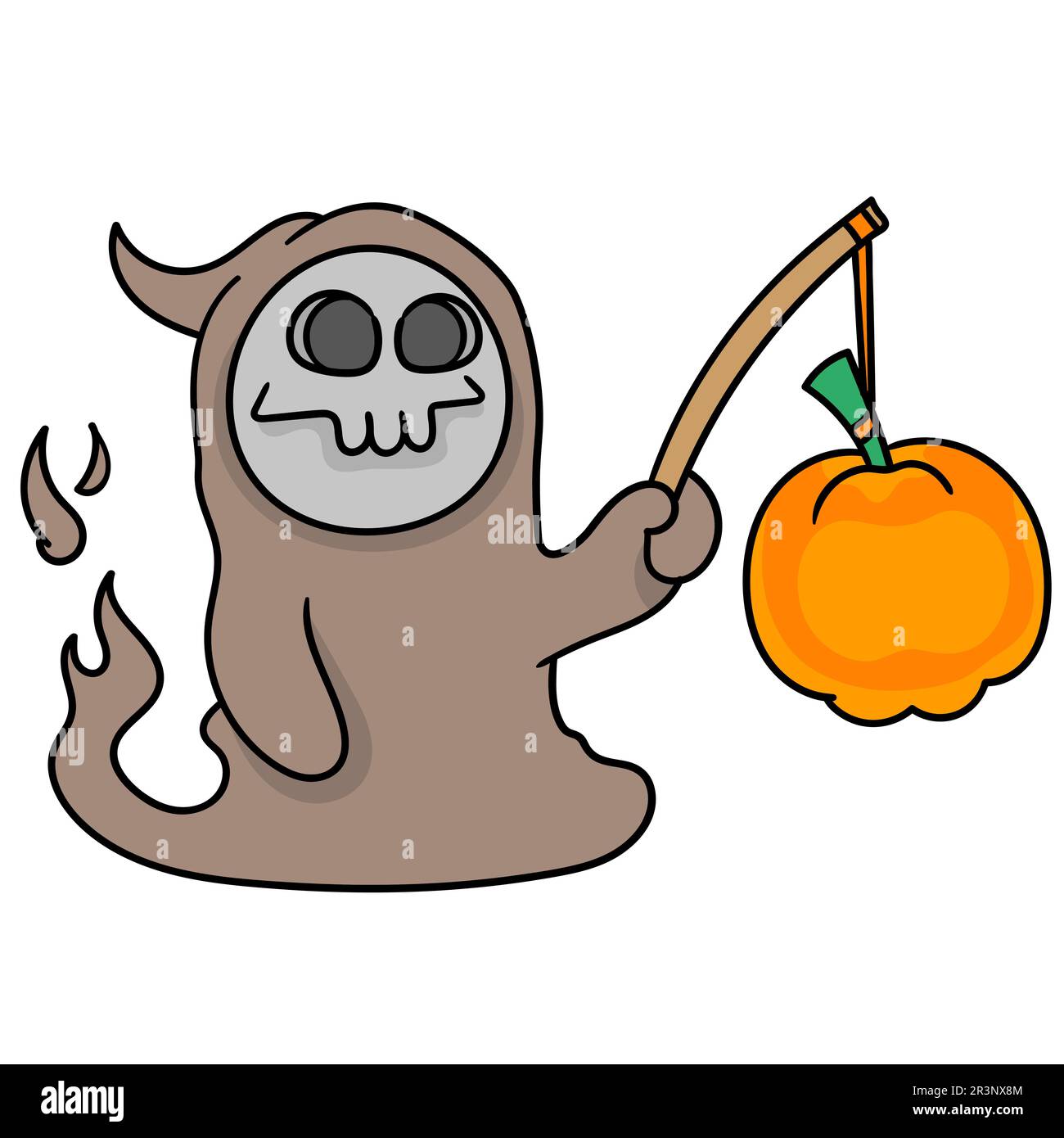 Der Engel des Todes, der mit Kürbislaternen läuft. Bild des doodle-Symbols Stockfoto