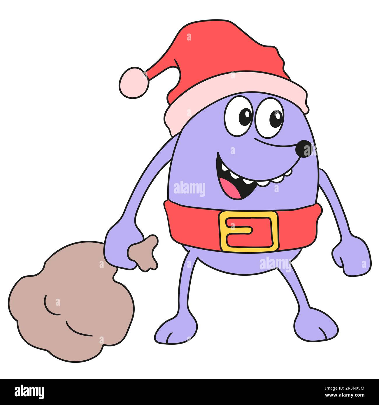 Monster, die weihnachtsmannkleidung tragen und Geschenke verteilen. Bild des doodle-Symbols Stockfoto