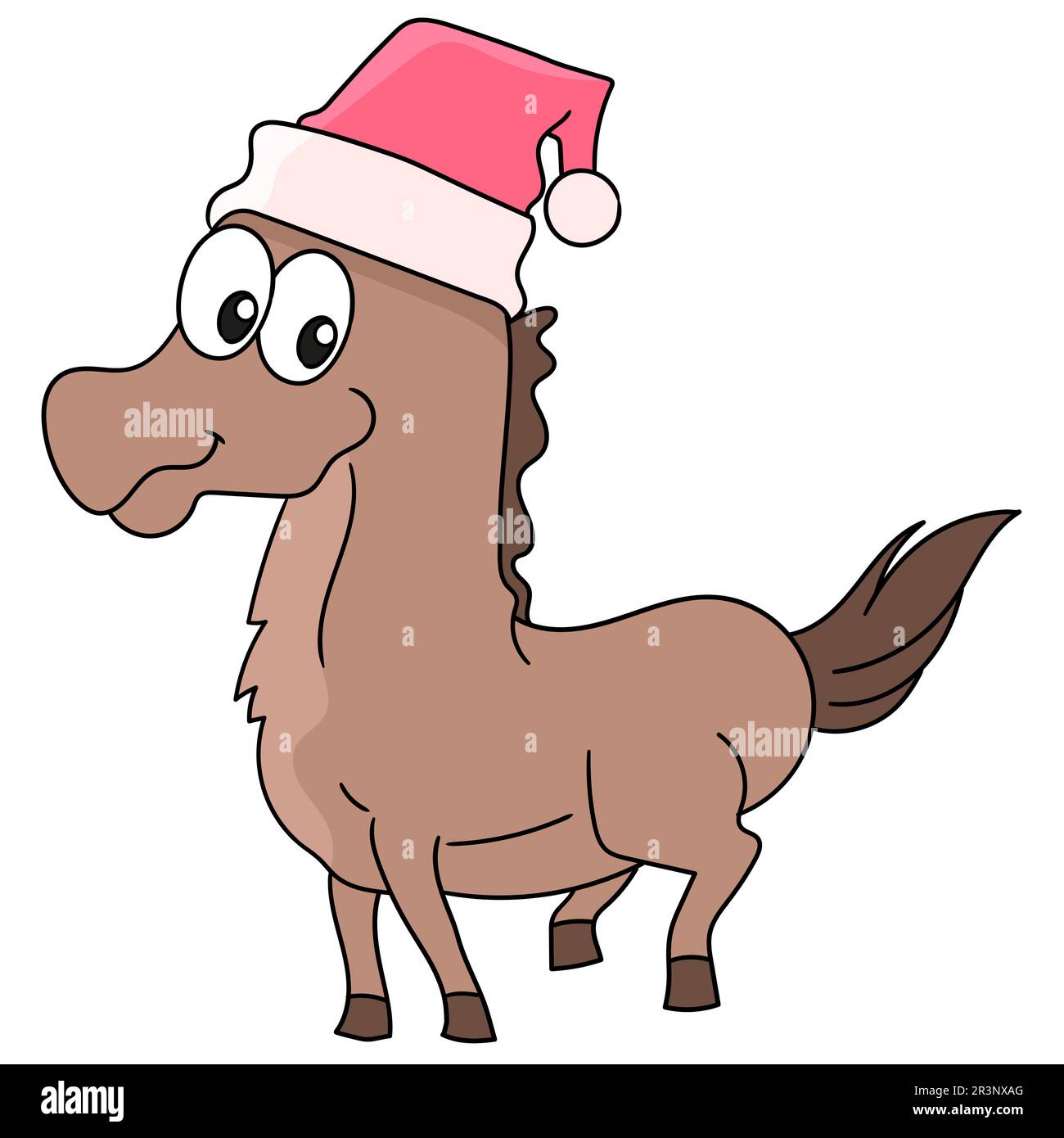 Das Pferd mit dem weihnachtshut. Bild des doodle-Symbols Stockfoto
