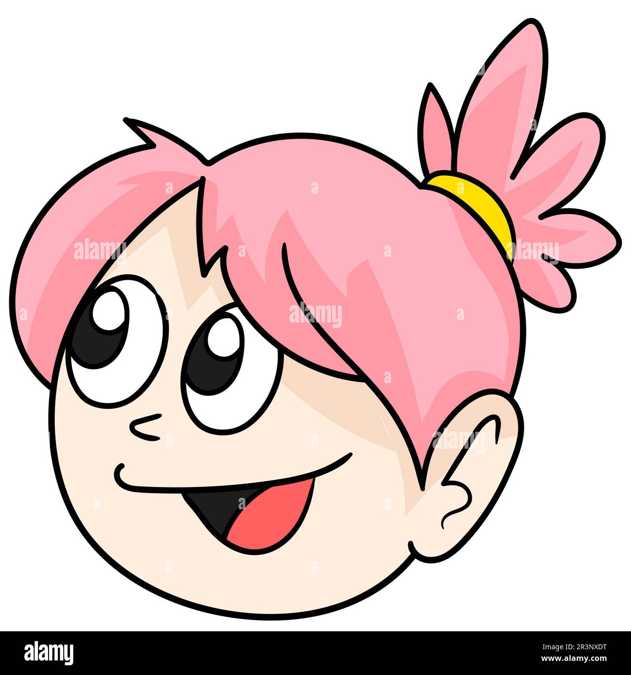 Emoticon des Kopfes eines lächelnden Mädchens. Bild des doodle-Symbols Stockfoto