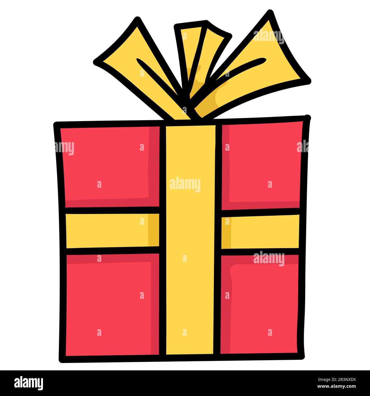 Geschenkbox mit wunderschönen Bändern. Bild des doodle-Symbols Stockfoto