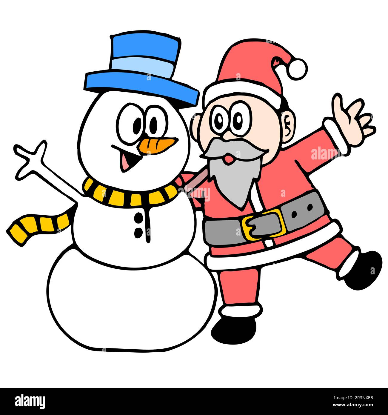 Schneemann und weihnachtsmann feiern weihnachten zusammen. Bild des doodle-Symbols Stockfoto