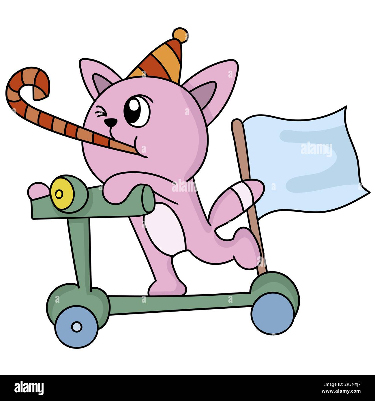 Die Katze auf dem Roller geht zur Party. Bild des doodle-Symbols Stockfoto