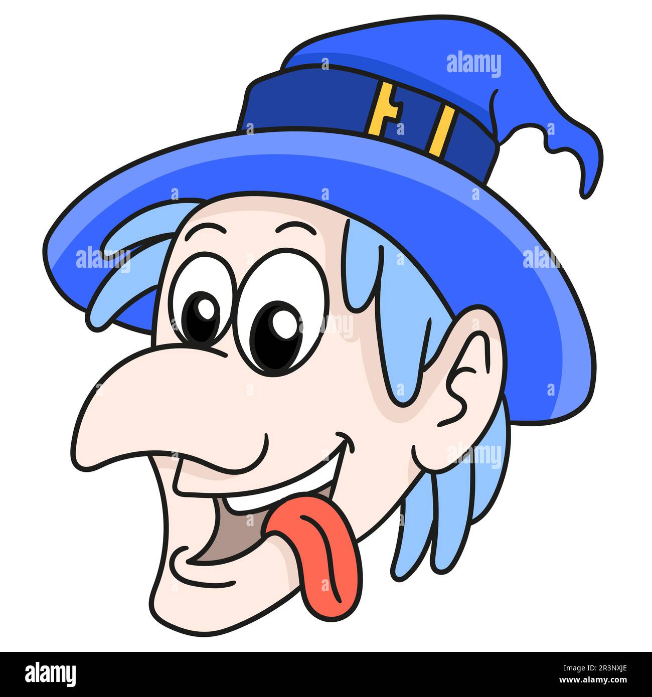 Hexenkopf-Emoticon, das ihr die Zunge herausragt. Bild des doodle-Symbols Stockfoto