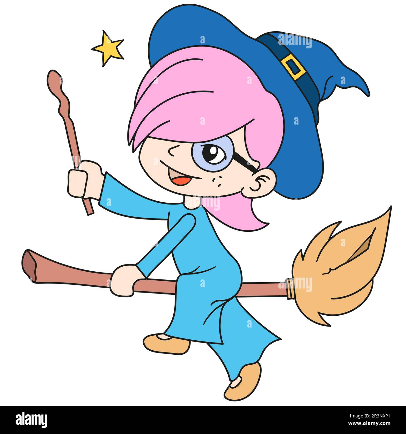 Eine fliegende Hexe, die auf einem Zauberbesen reitet. Bild des doodle-Symbols Stockfoto