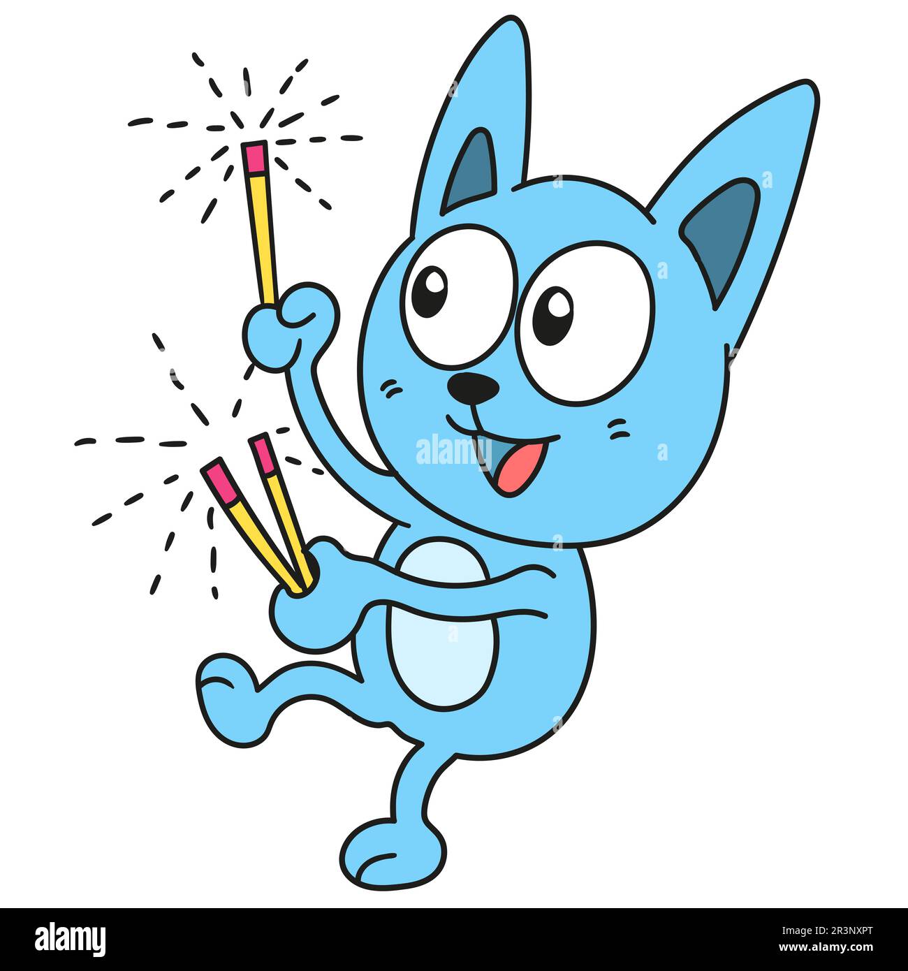 Blaue Katze, die Silvester-Feuerwerk anzündet. Bild des doodle-Symbols Stockfoto